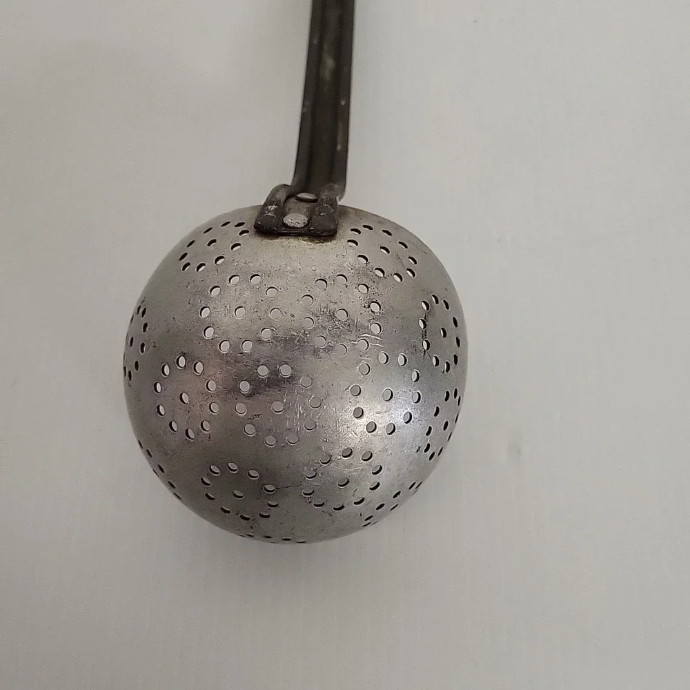 Antique Gray Perforated Dipper  Enamelware Kitchen Ladle